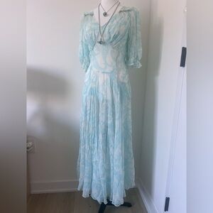 Vintage 100% Silk Paisley Maxi Dress Aqua Feather Crystal Italy Boho Resort S